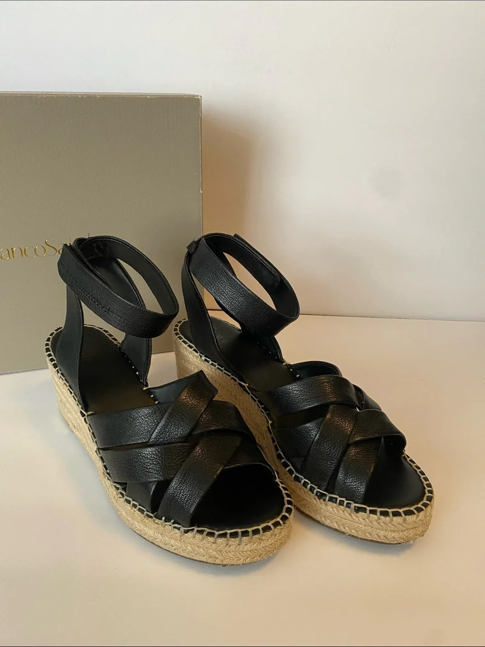 Franco Sarto Black Leather Espadrille Wedge Sandals with Ankle Strap Size 10